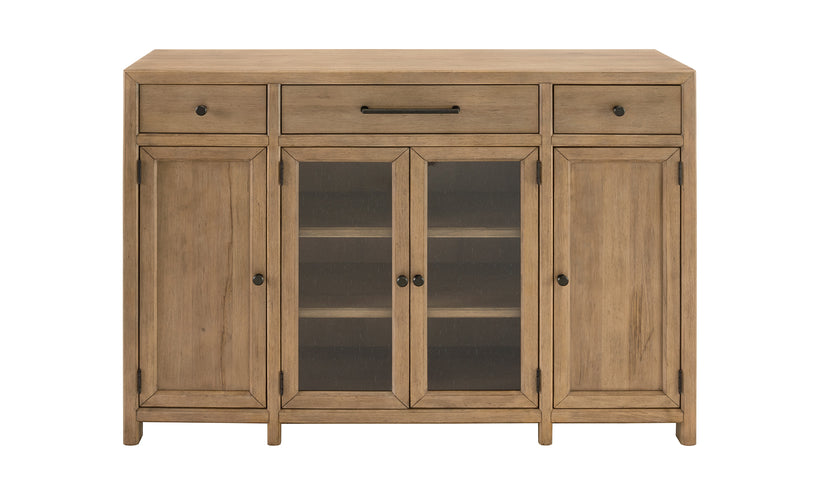 Wooden sideboard with glass doors on a white background
